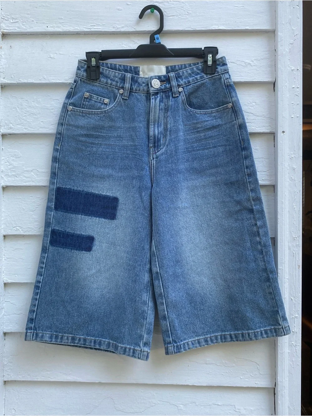 One Teaspoon Denim 720s Long Length Shorts Wide Leg Front Shadow Patch Detail